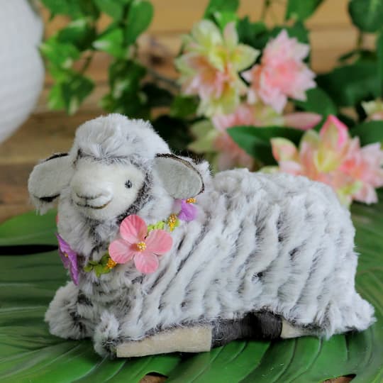 7" White & Brown Plush Kneeling Sheep Easter Figure